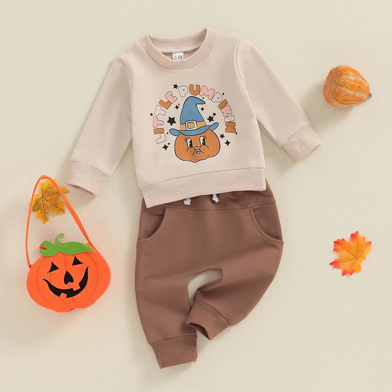 2-Piece Halloween Outfits! Boy’s Long Sleeve Pumpkin Sweatshirt & Pants Sets