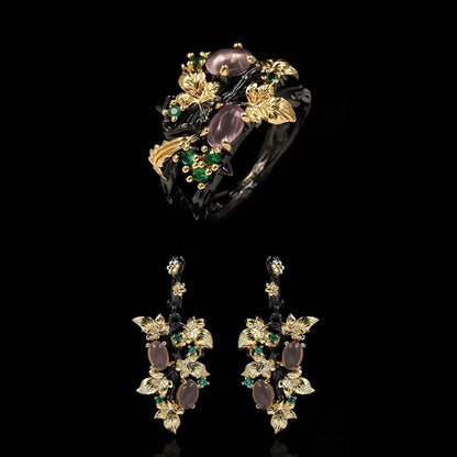 Floral Agate, Zircon Black & Gold Style Rings, Necklace & Earrings Sets