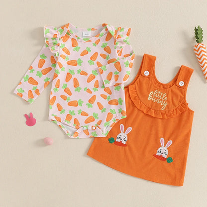 Girl's Easter Carrot Ruffle Romper Overall Dresses