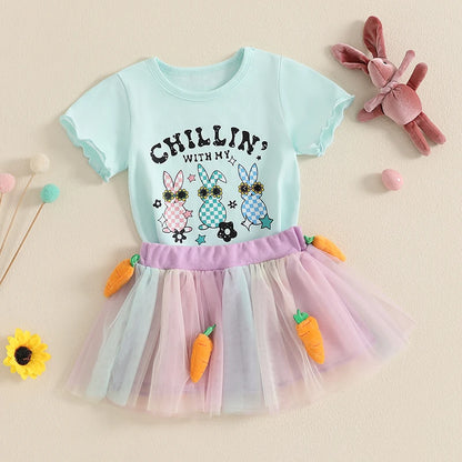 Girl's Easter Bunny T-shirt & Plush Carrot Tulle Skirt Set