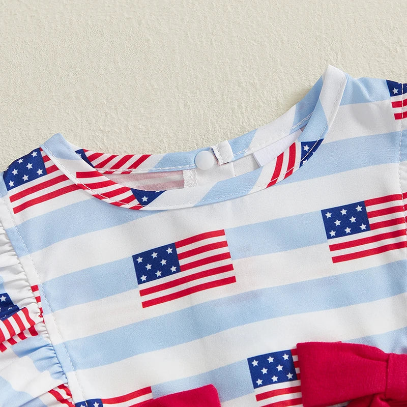 Girl's American Flag 4th of July Doll Collar Bowed Rompers