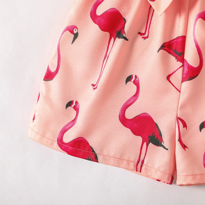 Girl's Flamingo Print Button  Belted Cami Romper Shorts