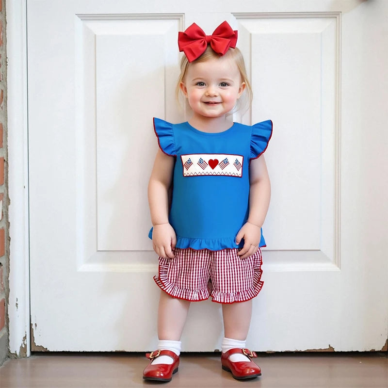 Girl's 2-Piece Embroidered 4th of July Fly Sleeve Tops & Plaid Ruffled Shorts Sets