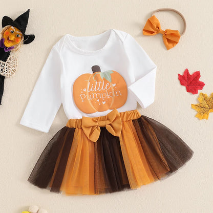 3-Piece Halloween Outfits! Girl’s Long Sleeve Pumpkin Rompers, Skirt& Bow Headband Sets