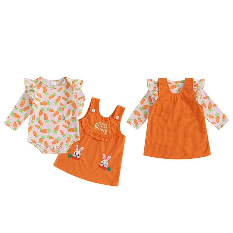 Girl's Easter Carrot Ruffle Romper Overall Dresses