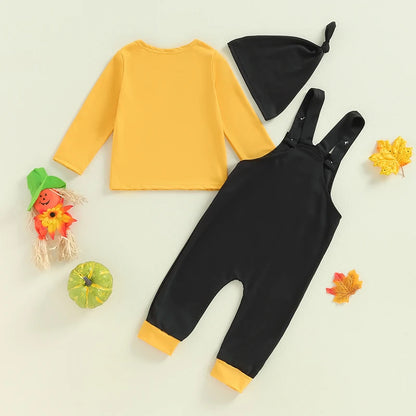 3-Piece Halloween Outfits! Boy’s Long Sleeve Skeleton Tops, Overalls & Hat Sets