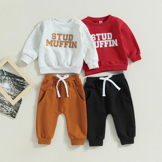 2-Piece Fall / Winter Outfits! Boy's "Stud Muffin" Letter Print Sweatshirt & Pants Sets