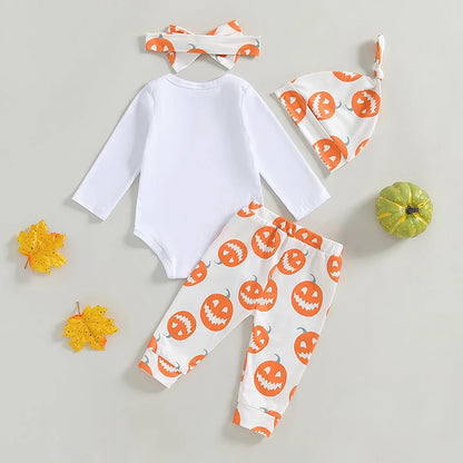 4-Piece Halloween Outfits! Girl’s Long Sleeve Pumpkin Onesie, Pants, Headband & Hat Sets