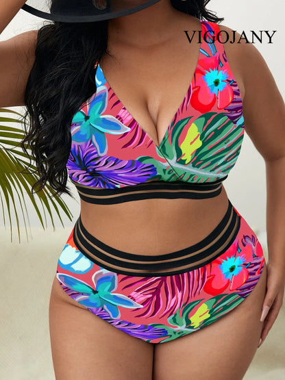 Floral Print SwimwearPlus V Neck Separate Swimsuit 2 Piece High Waist Bikini Set Bathing Suit