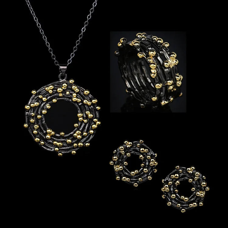 3-Piece Black & Gold Style Wreath Rings, Necklace & Earrings Sets