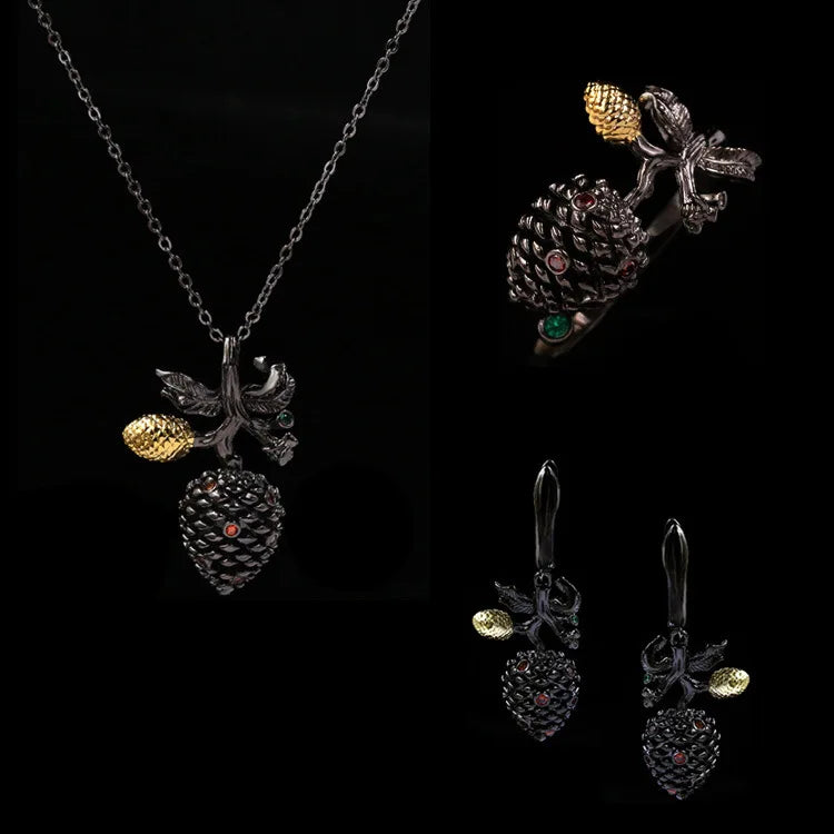 3-piece Black & Gold Style Pinecone Zircon Rings, Necklace & Earrings Sets