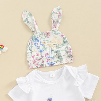 Girl's  Onesie, Bunny Ear Hats & Floral Bell Bottom Pants