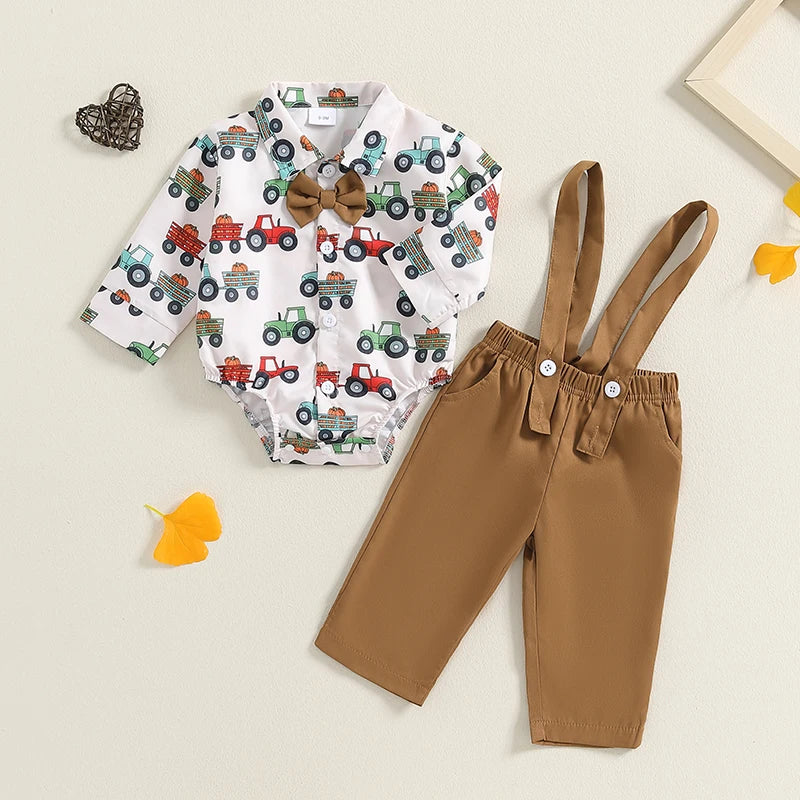 2-Piece Halloween Outfits! Boy’s Long Sleeve Pumpkin Rompers, Suspender Pants & Bow-Tie Sets