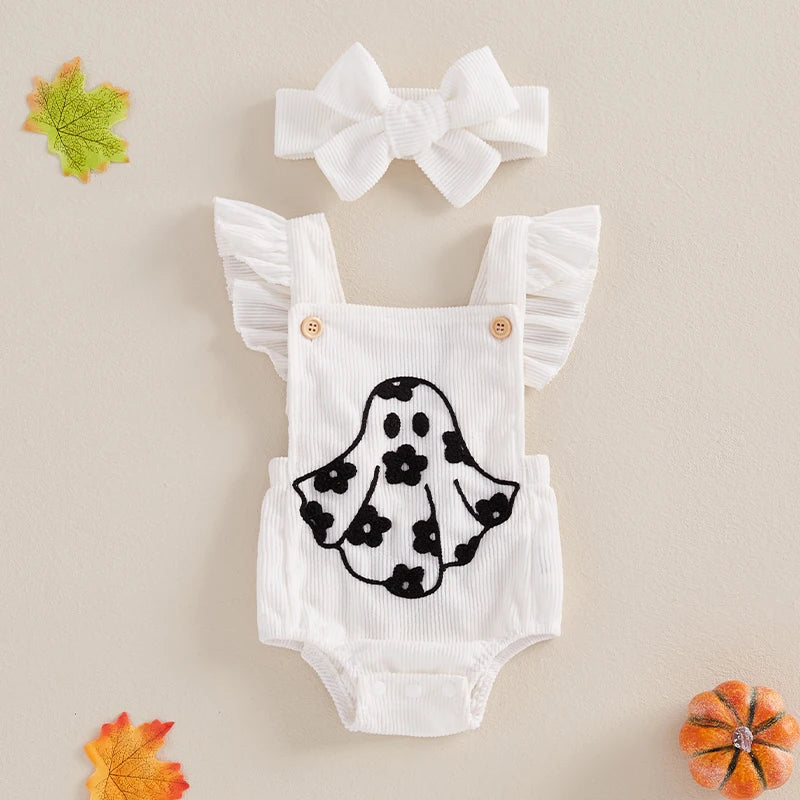 2-Piece Halloween Outfits! Girl’s Ghost, Flower Rompers & Headband Sets