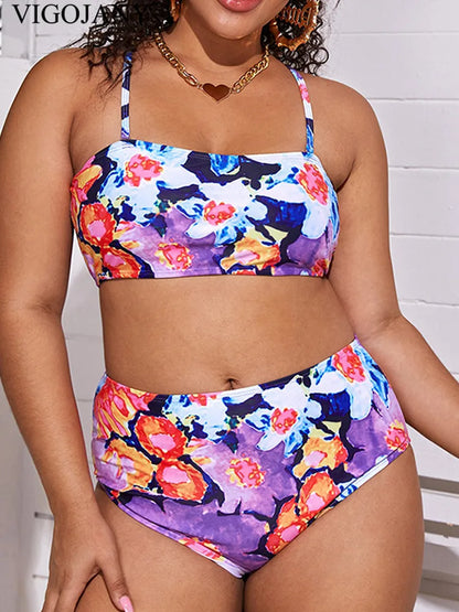 Print Strapped 2 Piece Plus Bikini SetHigh Waist Push Up Swimsuit Summer Bathing Suit