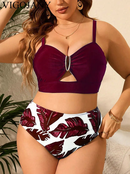 Sexy Strapped 2 Piece Plus Bikini SetHollow Push Up Swimsuit High Waist Bathing Suit