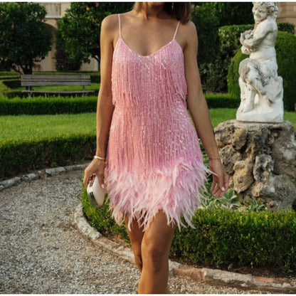 Womens Flirty Feather Mini Party Dress