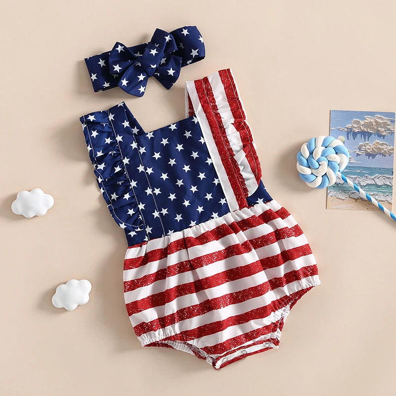 Girl's 2-Piece 4th of July Rompers & Bow Head Band Sets