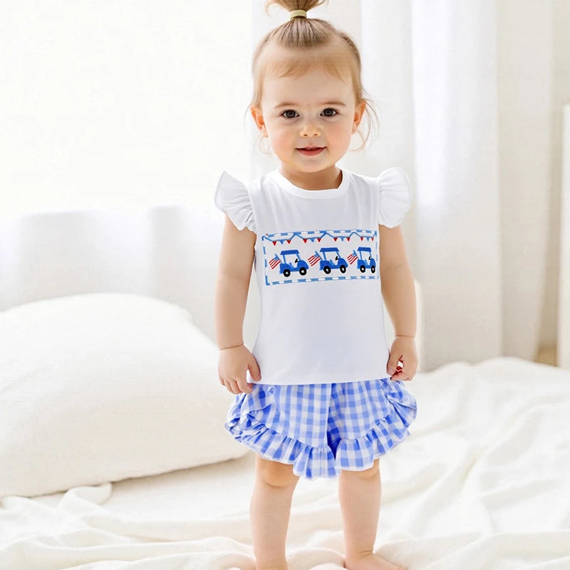 Girl's 2-Piece Embroidered 4th of July Fly Sleeve Golf Cart Top & Ruffled Plaid Shorts Sets