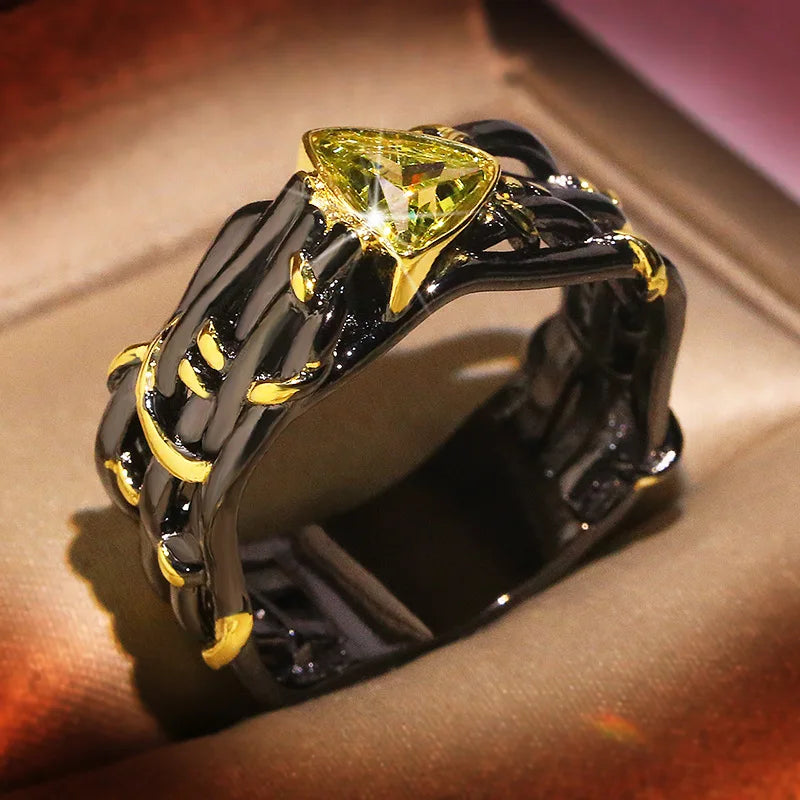 Twisted Black & Gold Series Peridot, Ruby & Amethyst Zircon Crystal Rings