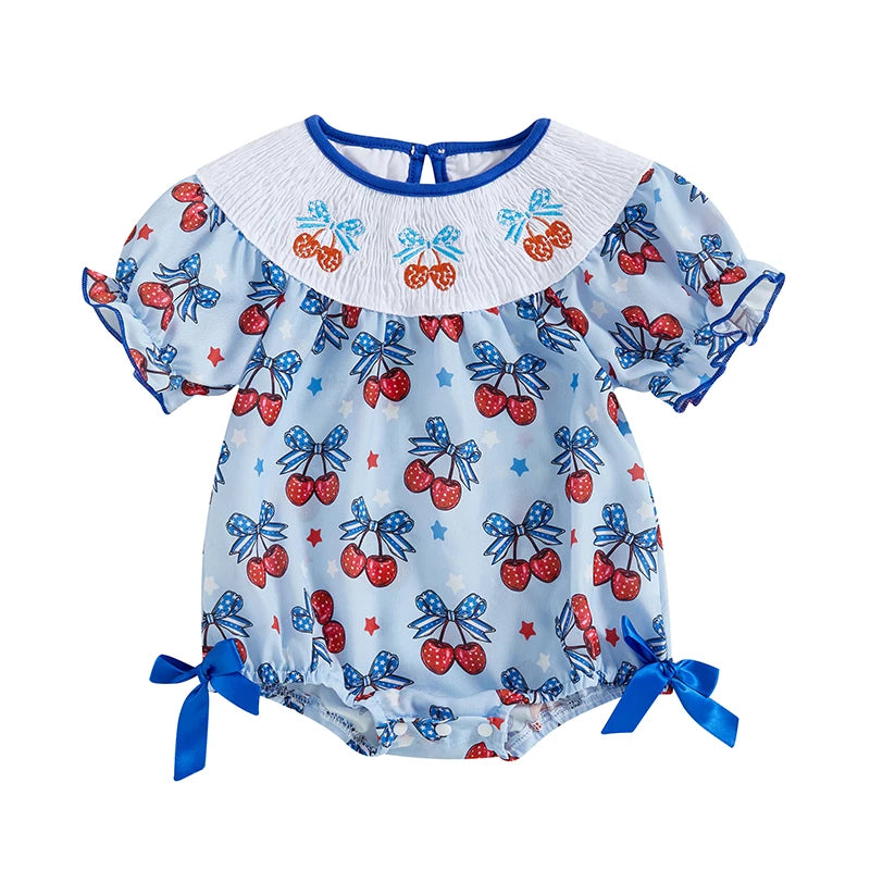 Girl's Cherry 4th of July Plaid Doll Collar Rompers