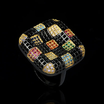 Black & Gold Style Geometric Square Rings with Zircon Rings