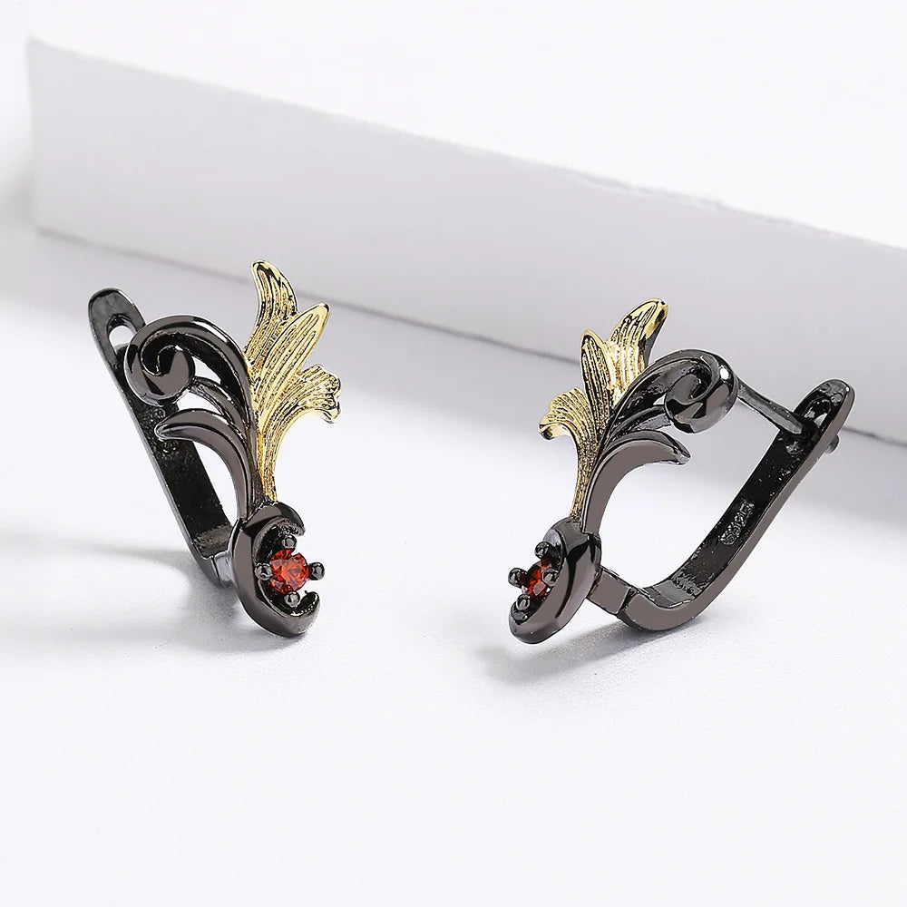 Black & Gold Style Red Zircon Leaf Earrings