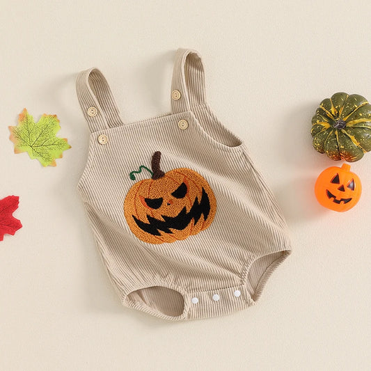Girl's & Boy's Pumpkin Embroidered Corduroy Halloween Romper Overalls