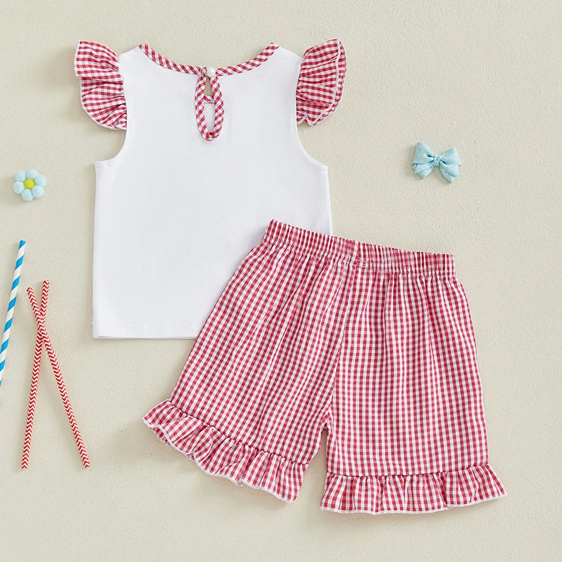Girl's 2-Piece Embroidered 4th of July Fly Sleeve Popsicle Top & Plaid Shorts Sets