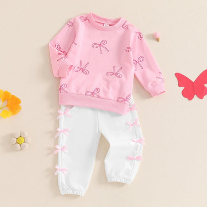 2-Piece Outfits! Girl's Pink Bow Sweatshirt & Pants Sets