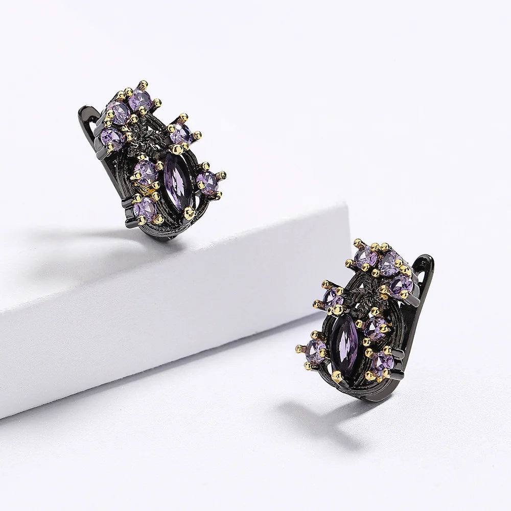 Purple Zircon Flower Earrings Classic Black & Gold Style Earrings with