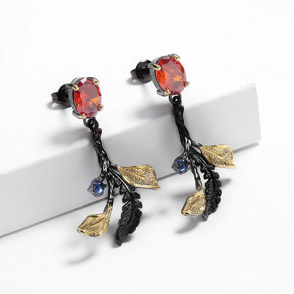 Classic Black & Gold Style Leaf Red Zircon Earrings