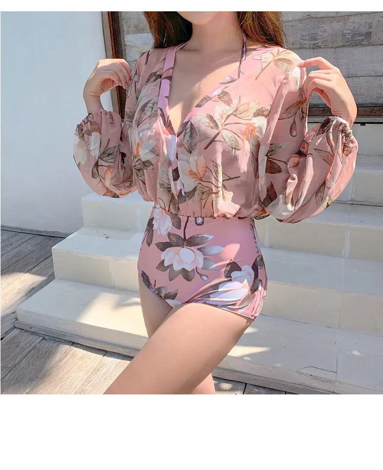 Long Sleeve One Piece Halter Swimsuit