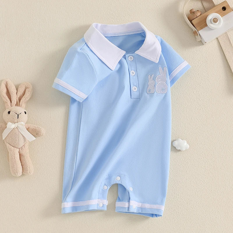 Boy's Easter Bunny Embroidered Jumpsuits with Turn-Down Collar