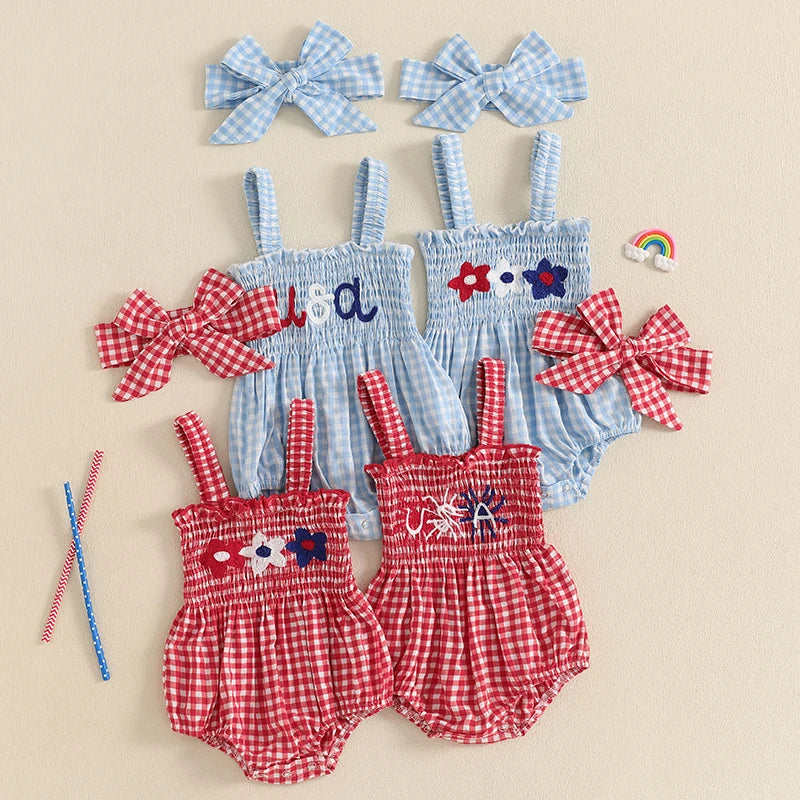 Girl's 2-Piece Embroidered July 4th Rompers & Bow Head Band Sets