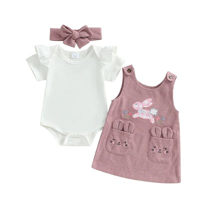 Girl's Easter Bunny Romper Overall Dress & Tie-up Headband Set