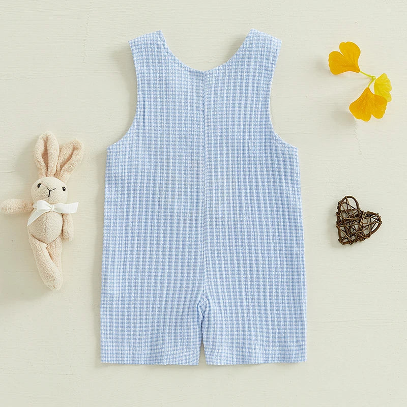 Boy's Easter Chick Egg Embroidered Plaid Sleeveless Overall Jumpsuits