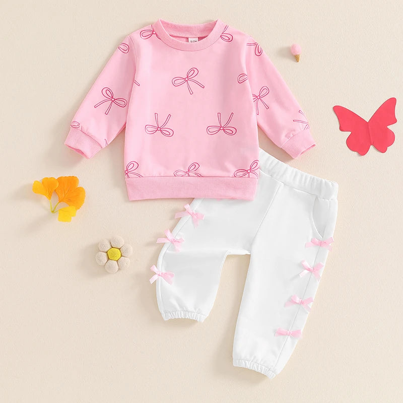 2-Piece Outfits! Girl's Pink Bow Sweatshirt & Pants Sets