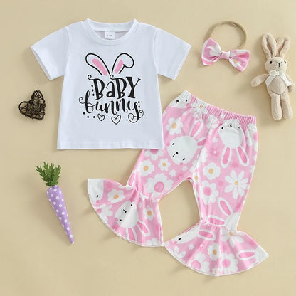 Girl's Easter Bunny T-Shirt, Flare Pants & Headband Sets