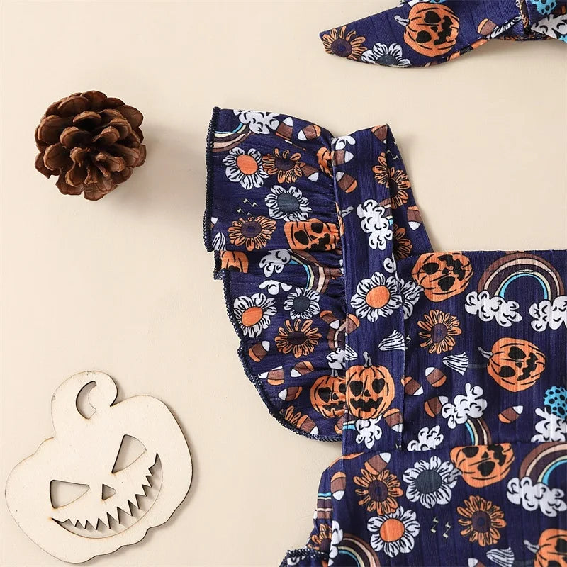 2-Piece Halloween Outfits! Girl's Pumpkin Flower Rainbow Onesie & Matching Bow Headband Sets