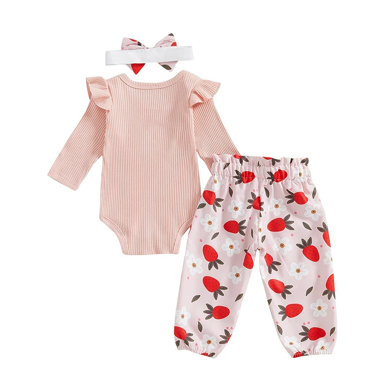 3-Piece Fall Outfits! Girl’s Long Sleeve Flower, Onesies, Pants& Bow Headband Sets