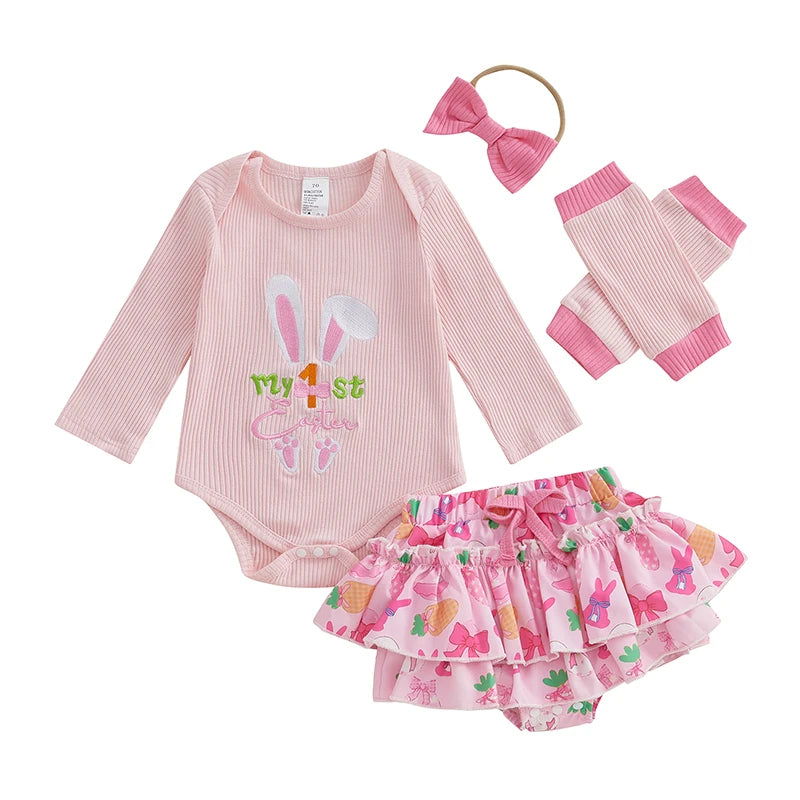 Girl's 4-Piece "My 1st / First Easter" Bunny Onesie, Ruffle Bloomers, Bow Headband & Leg Warmer Outfit Sets