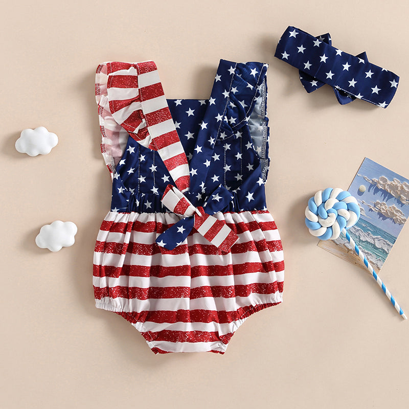 Girl's 2-Piece 4th of July Rompers & Bow Head Band Sets