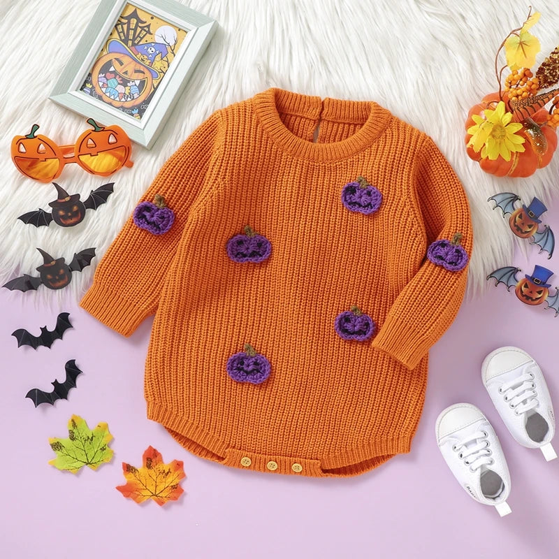 Halloween Outfits! Girl's & Boy's Embroidered Pumpkin Knit Sweater Onesie