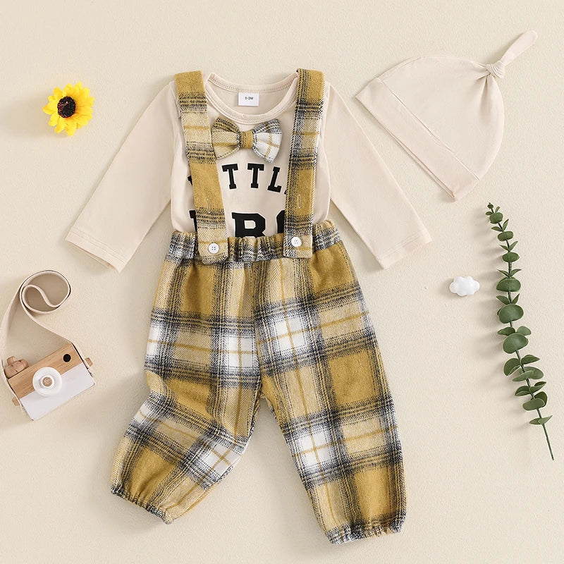 2-Piece Fall Outfits! Boy’s Long Sleeve Onesies, Suspender Pants, Bow-Tie & Hat Sets