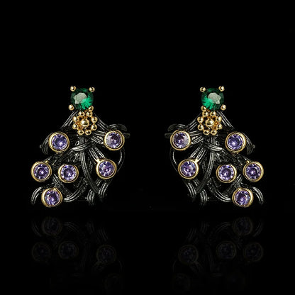 Purple Zircon Flower Earrings Classic Black & Gold Style Earrings