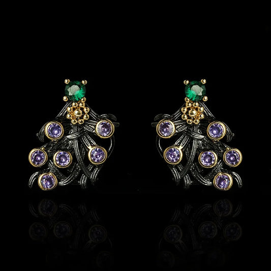 Purple Zircon Flower Earrings Classic Black & Gold Style Earrings