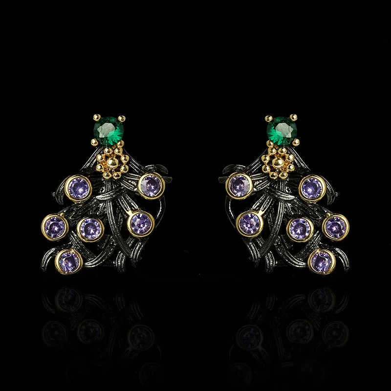 Purple Zircon Flower Earrings Classic Black & Gold Style Earrings