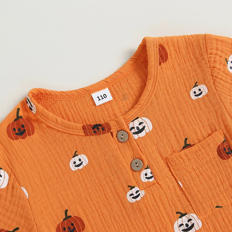 2-Piece Halloween Outfits! Boy’s & Girl’s Short Sleeve Pumpkin T-shirt Rompers & Shorts Sets