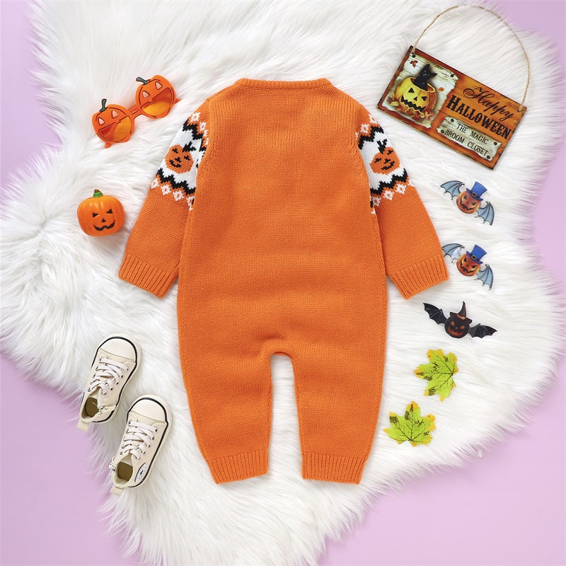 Halloween Pumpkins! Girl's & Boy's Warm & Cozy Knit Sweater Button-Up Rompers